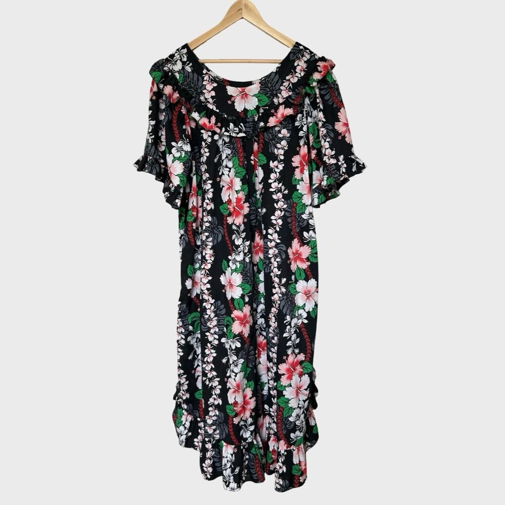 Ling & Kwok’s Hawaiian Dress 4XL Black Floral Hibiscus Ruffle Aloha Luau Mumu